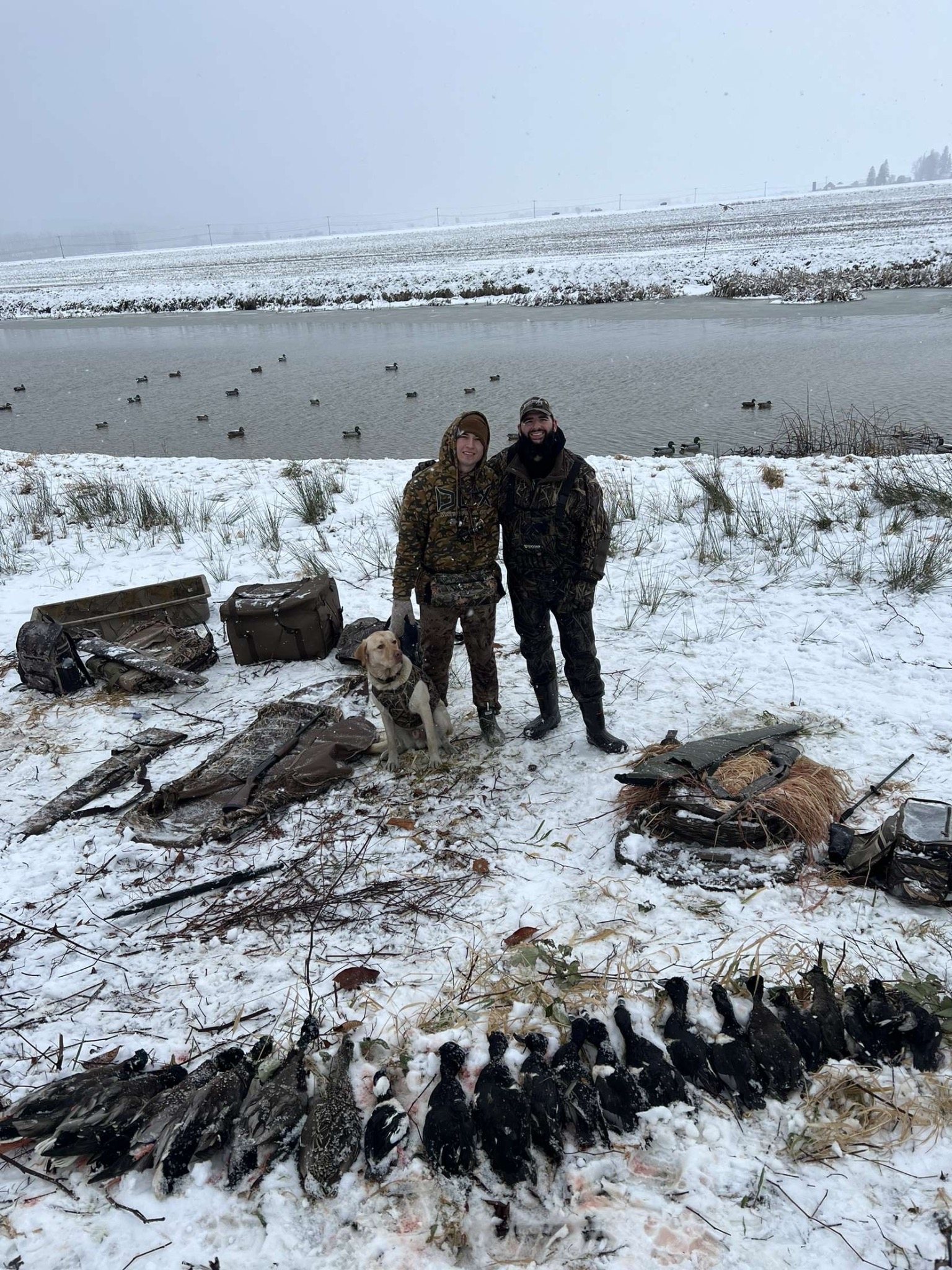 Snowy waterfowl hunt with dog and hunters
