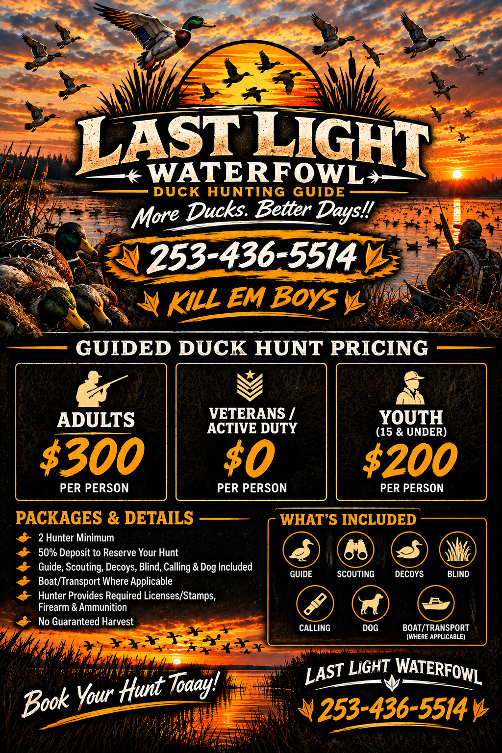 Last Light Waterfowl guided hunt pricing flyer